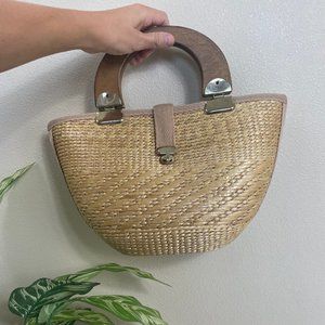 70s vintage Italian woven straw round basket tote handbag purse